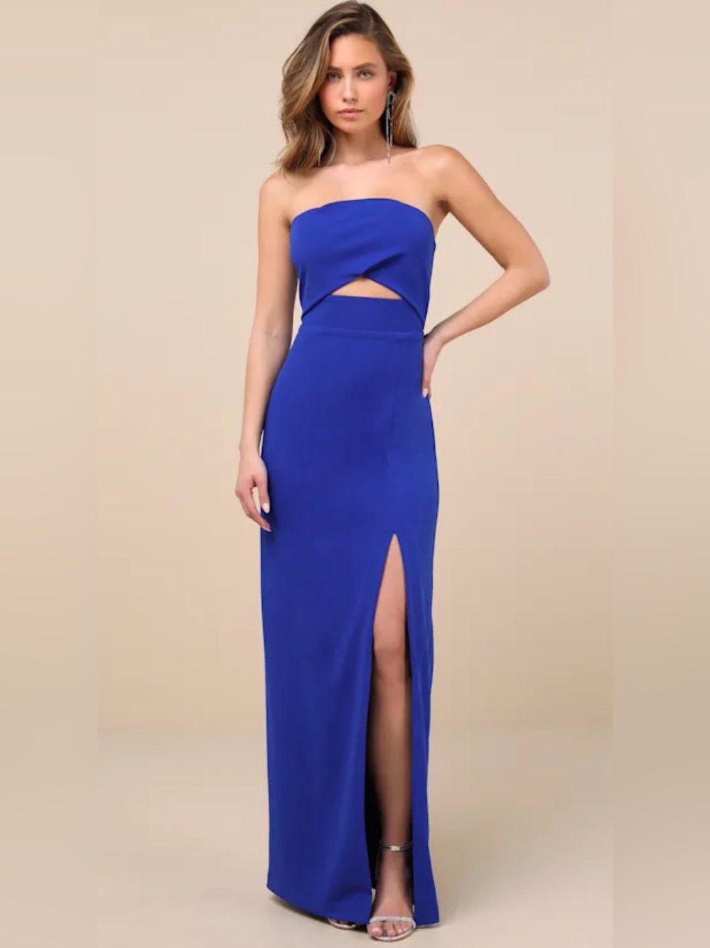 Lulu's Cobalt Extravagant Persona Strapless Cutout Column Maxi Dress- Small -NWT